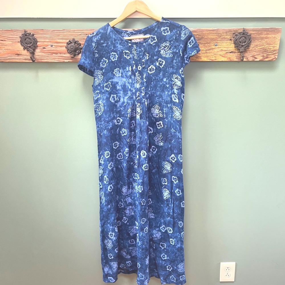 April Cornell Blue Tie Dye Butterfly Floral Pintuck Maxi Dress Small Rayon